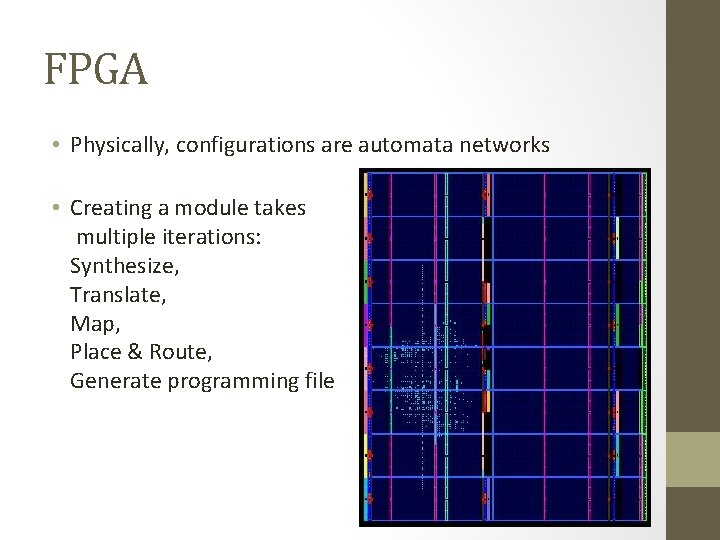 FPGA • Physically, configurations are automata networks • Creating a module takes multiple iterations: