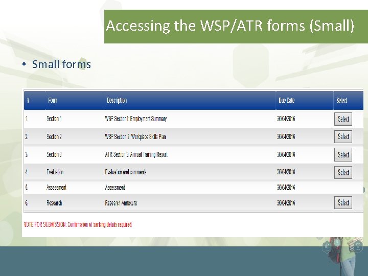 Accessing the WSP/ATR forms (Small) • Small forms 