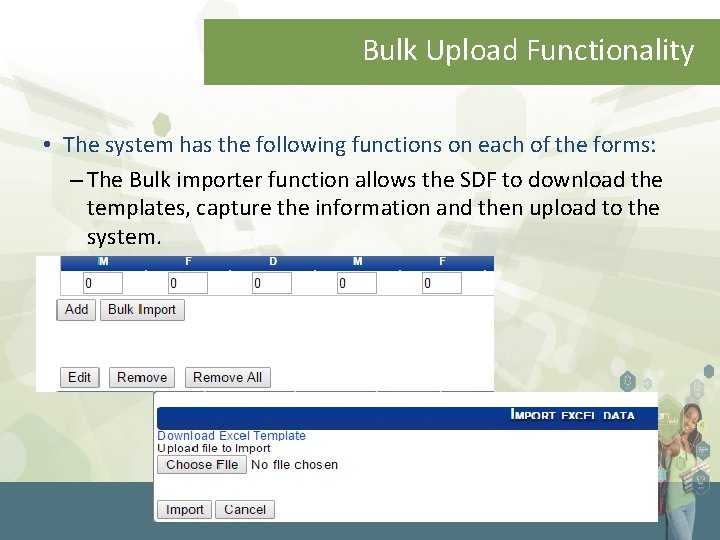 Bulk Upload Functionality • The system has the following functions on each of the