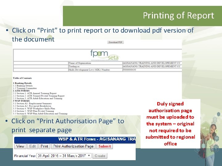 Printing of Report • Click on “Print” to print report or to download pdf