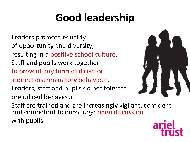 Good leadership Leaders promote equality of opportunity and diversity, resulting in a positive school