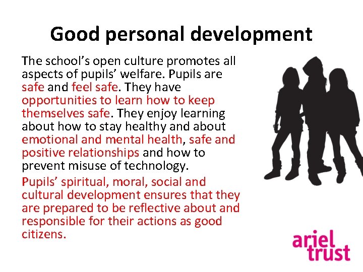 Good personal development The school’s open culture promotes all aspects of pupils’ welfare. Pupils