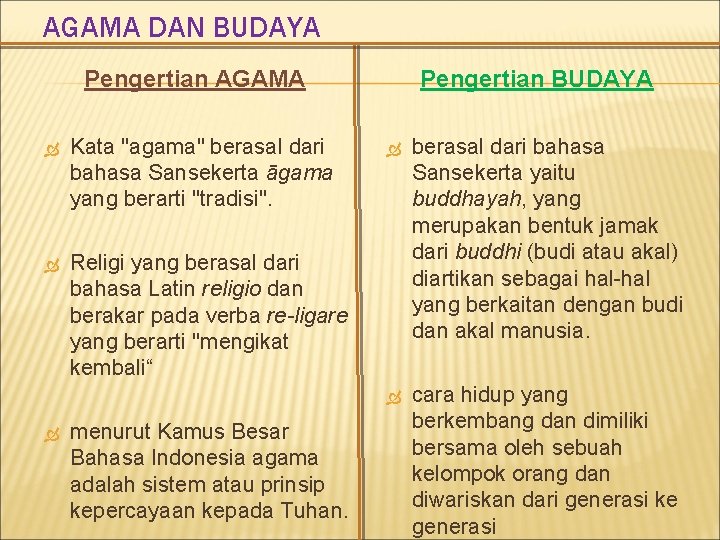 AGAMA DAN BUDAYA Pengertian AGAMA Kata "agama" berasal dari bahasa Sansekerta āgama yang berarti