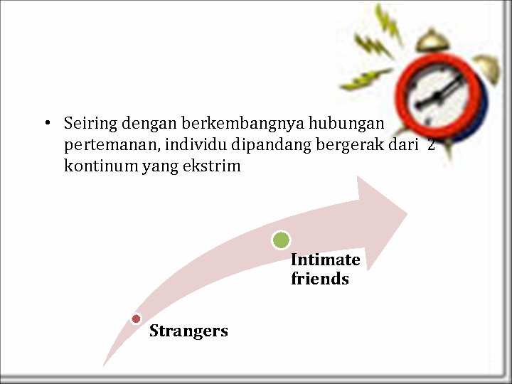  • Seiring dengan berkembangnya hubungan pertemanan, individu dipandang bergerak dari 2 kontinum yang