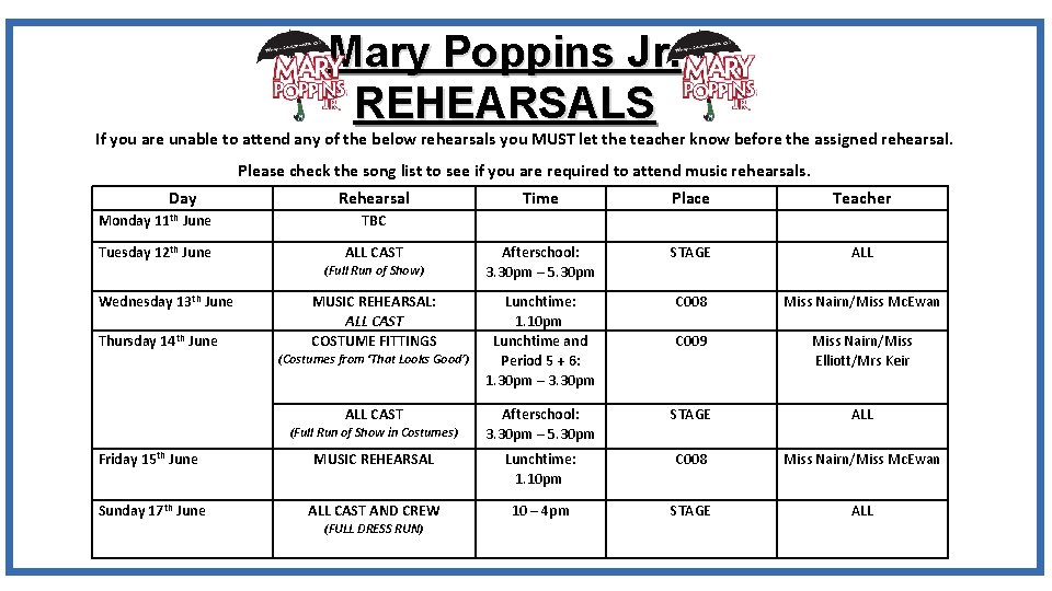 Mary Poppins Jr. REHEARSALS If you are unable to attend any of the below