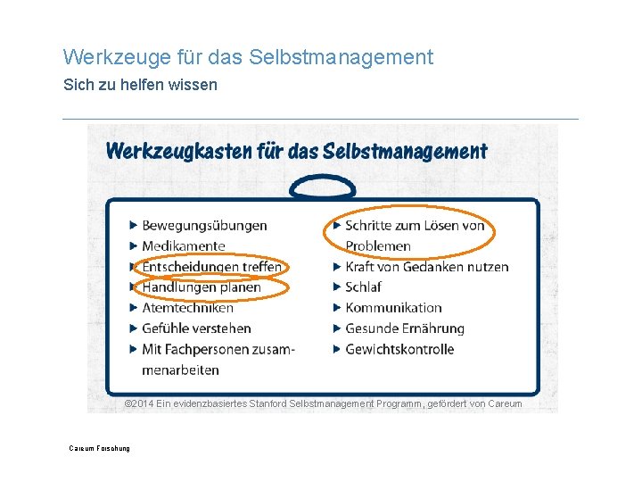 Werkzeuge für das Selbstmanagement Sich zu helfen wissen © 2014 Ein evidenzbasiertes Stanford Selbstmanagement