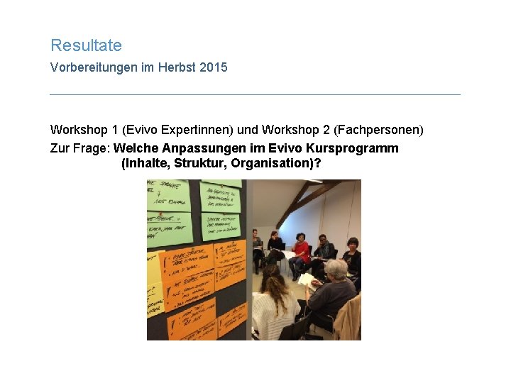 Resultate Vorbereitungen im Herbst 2015 Workshop 1 (Evivo Expertinnen) und Workshop 2 (Fachpersonen) Zur