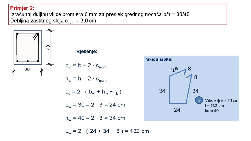 Primjer 2: Izračunaj duljinu vilice promjera 6 mm za presjek grednog nosača b/h =