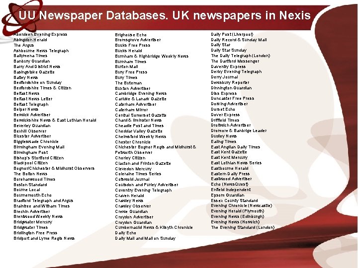 UU Newspaper Databases. UK newspapers in Nexis Aberdeen Evening Express Abingdon Herald The Argus