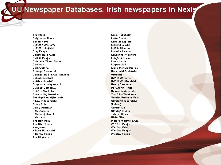 UU Newspaper Databases. Irish newspapers in Nexis The Argus Ballymena Times Belfast News Letter UU Newspaper Databases. Irish newspapers in Nexis The Argus Ballymena Times Belfast News Letter