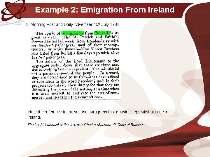 Example 2: Emigration From Ireland 3. Morning Post and Daily Advertiser 15 th July