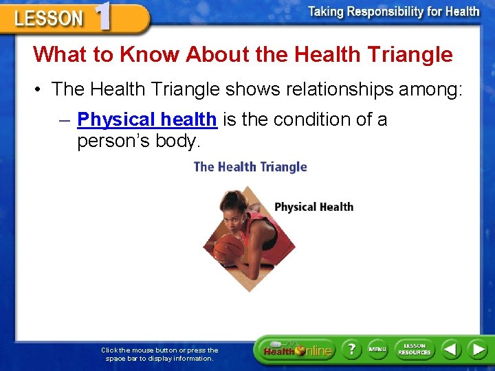 What to Know About the Health Triangle • The Health Triangle shows relationships among: