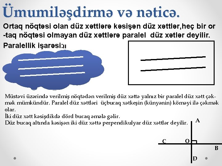 Ümumiləşdirmə və nəticə. Ortaq nöqtəsi olan düz xəttlərə kəsişən düz xəttlər, heç bir or Ümumiləşdirmə və nəticə. Ortaq nöqtəsi olan düz xəttlərə kəsişən düz xəttlər, heç bir or