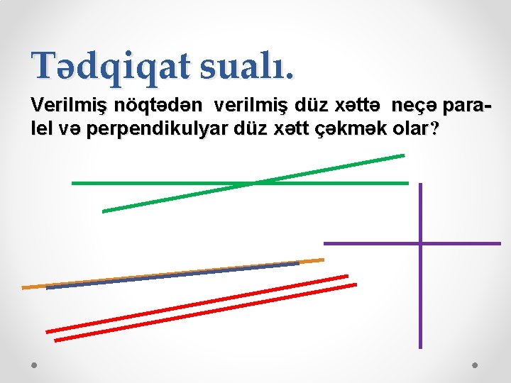 Tədqiqat sualı. Verilmiş nöqtədən verilmiş düz xəttə neçə paralel və perpendikulyar düz xətt çəkmək Tədqiqat sualı. Verilmiş nöqtədən verilmiş düz xəttə neçə paralel və perpendikulyar düz xətt çəkmək