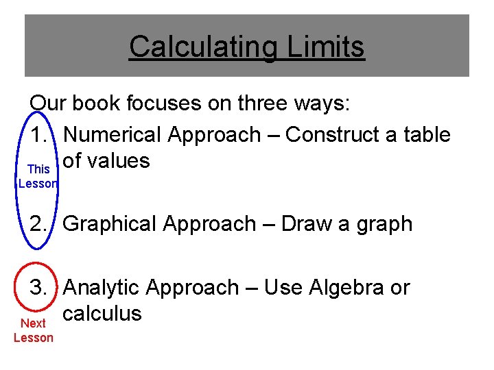 Calculating Limits Our book focuses on three ways: 1. Numerical Approach – Construct a