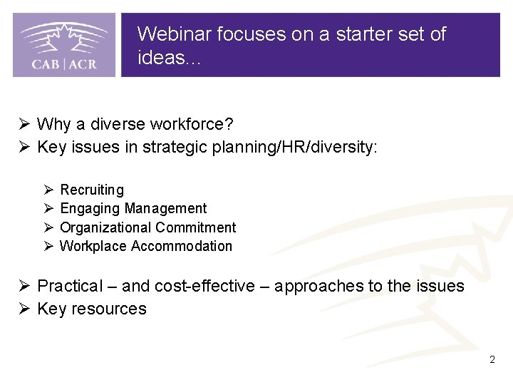 Webinar focuses on a starter set of ideas. . . Ø Why a diverse