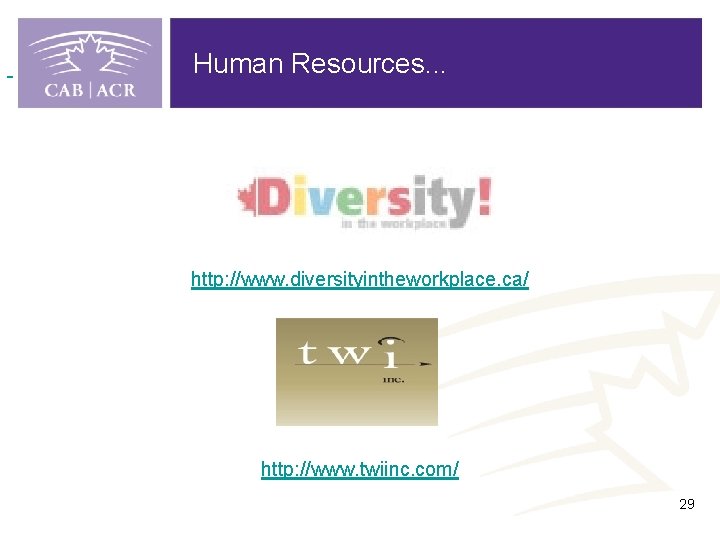 Human Resources. . . http: //www. diversityintheworkplace. ca/ http: //www. twiinc. com/ 29 