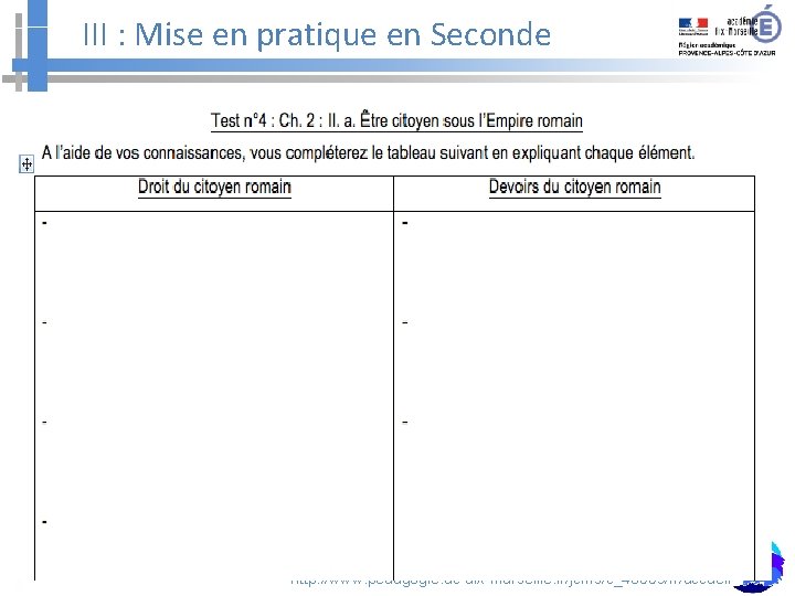 III : Mise en pratique en Seconde Site académique d’histoire-géographie : Terre Ouverte http: