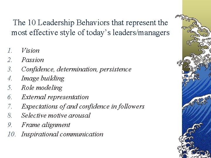 The 10 Leadership Behaviors that represent the most effective style of today’s leaders/managers 1.