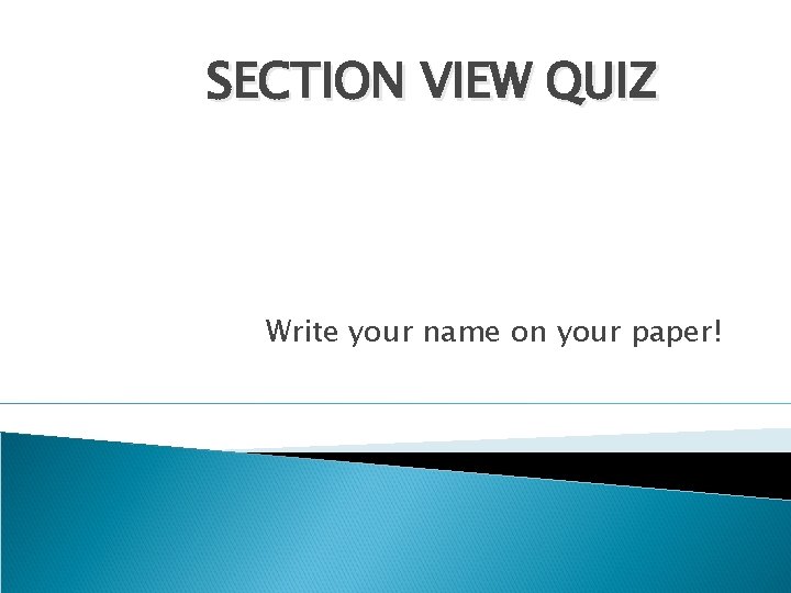 SECTION VIEW QUIZ Write your name on your paper! SECTION VIEW QUIZ Write your name on your paper!