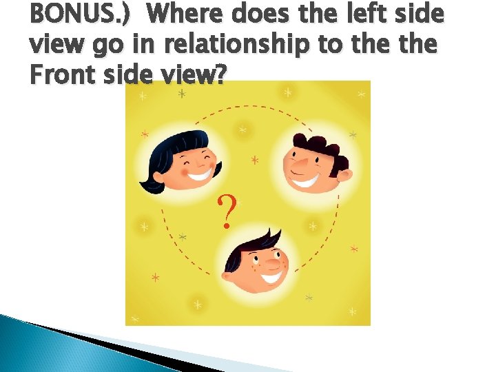 BONUS. ) Where does the left side view go in relationship to the Front BONUS. ) Where does the left side view go in relationship to the Front