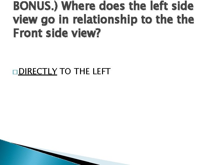 BONUS. ) Where does the left side view go in relationship to the Front BONUS. ) Where does the left side view go in relationship to the Front