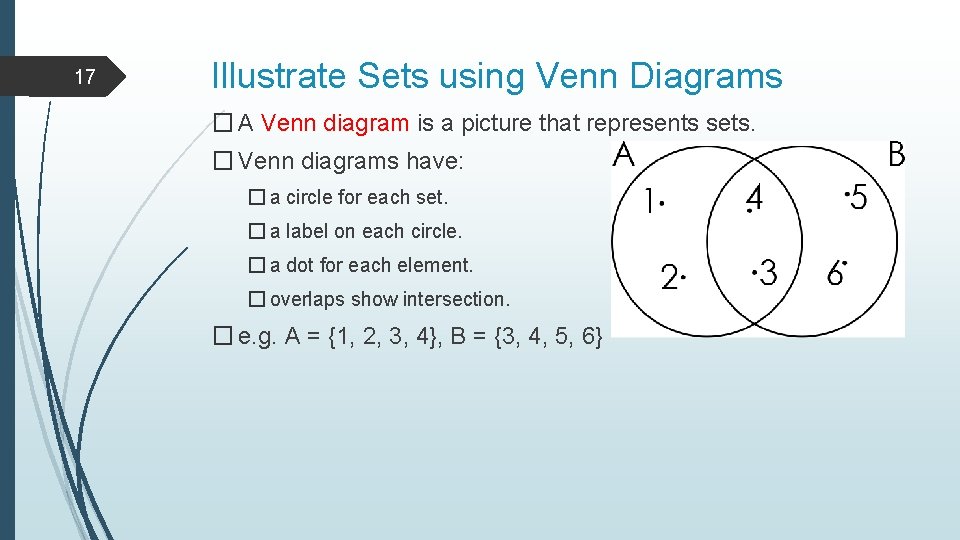 17 Illustrate Sets using Venn Diagrams � A Venn diagram is a picture that