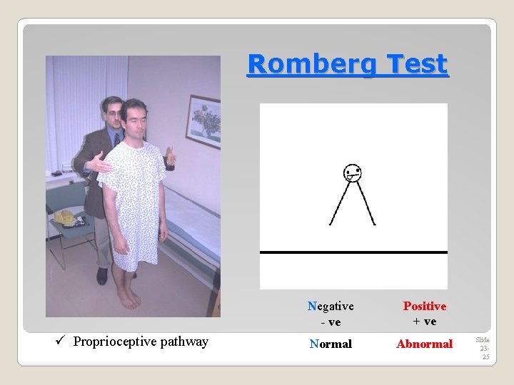 Romberg Test ü Proprioceptive pathway Negative - ve Positive + ve Normal Abnormal Slide