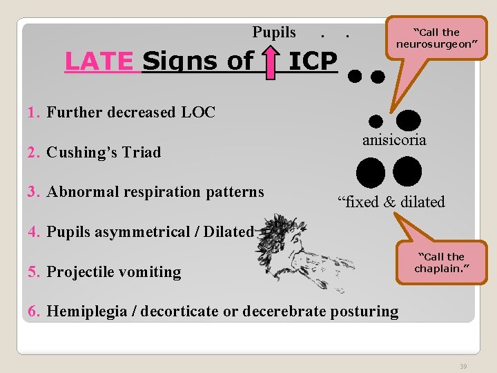 Pupils LATE Signs of . . ICP “Call the neurosurgeon” 1. Further decreased LOC