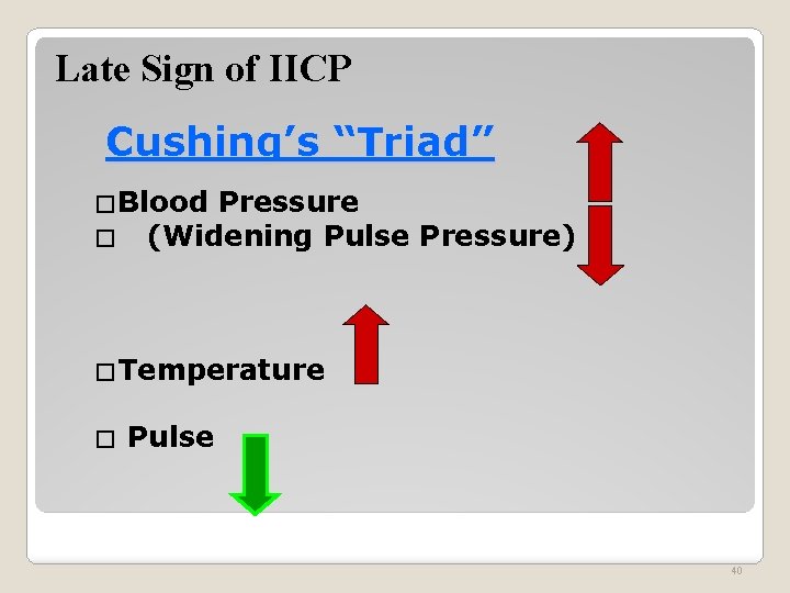 Late Sign of IICP Cushing’s “Triad” �Blood Pressure � (Widening Pulse Pressure) �Temperature �