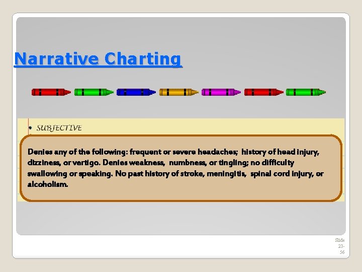 Narrative Charting Denies any of the following: frequent or severe headaches; history of head