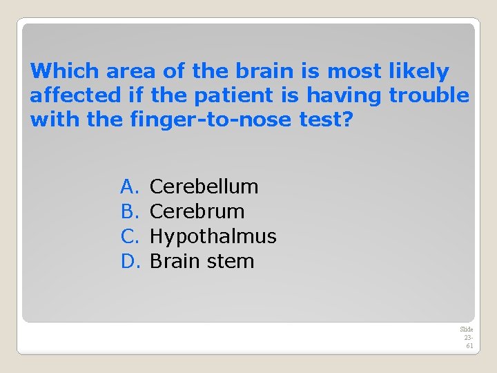 Which area of the brain is most likely affected if the patient is having