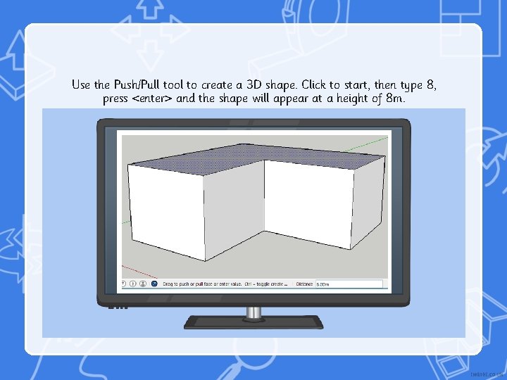 Use the Push/Pull tool to create a 3 D shape. Click to start, then