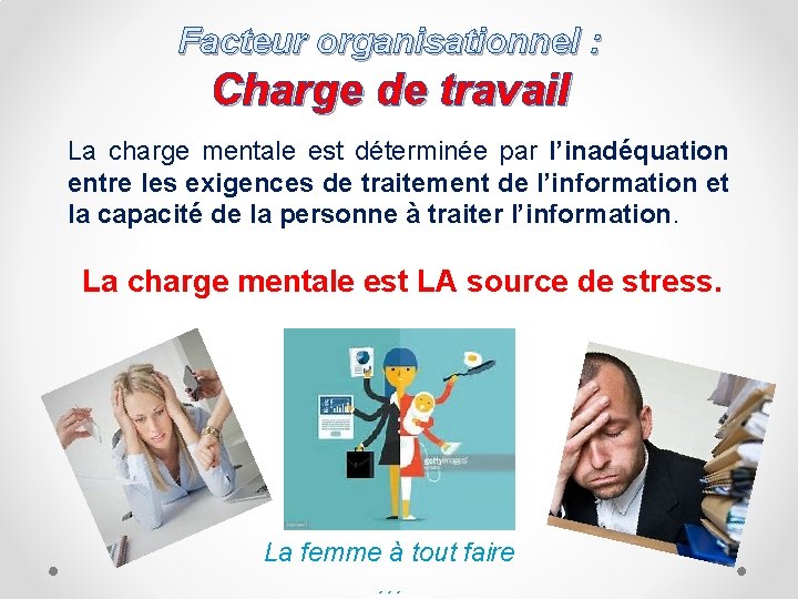 Facteur organisationnel : Charge de travail La charge mentale est déterminée par l’inadéquation entre