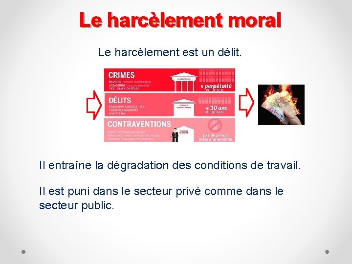 Le harcèlement moral Le harcèlement est un délit. Il entraîne la dégradation des conditions