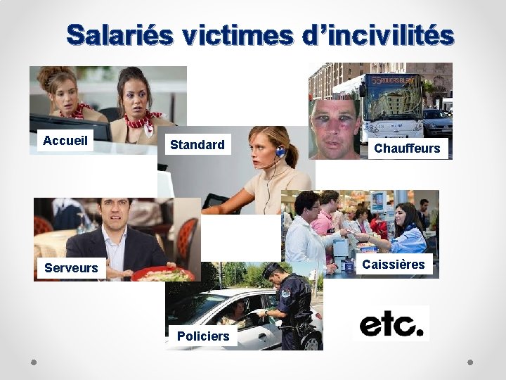 Salariés victimes d’incivilités Accueil Standard Chauffeurs Caissières Serveurs Policiers 