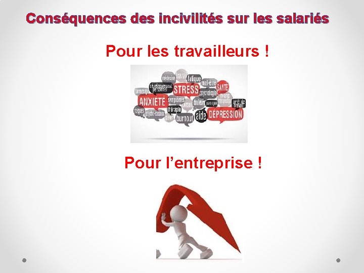 Conséquences des incivilités sur les salariés Pour les travailleurs ! Pour l’entreprise ! 