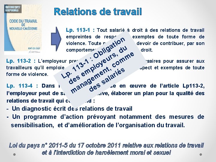 Relations de travail Lp. 113 -1 : Tout salarié à droit à des relations