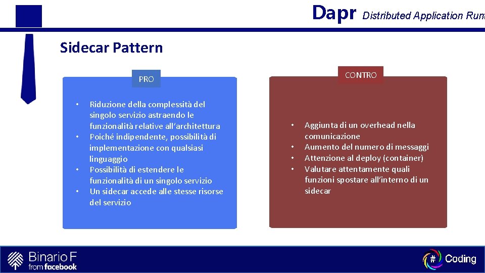 Dapr Distributed Application Runt Sidecar Pattern CONTRO PRO • • Riduzione della complessità del