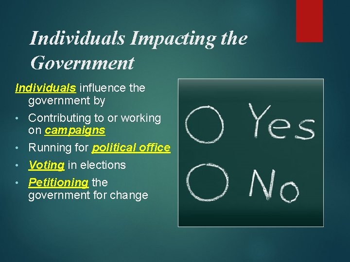 Individuals Impacting the Government Individuals influence the government by • Contributing to or working