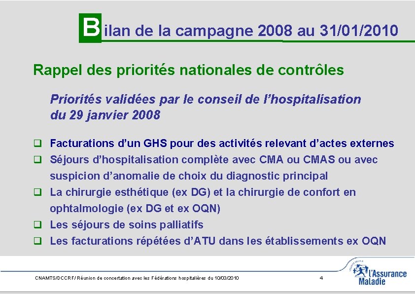 B ilan de la campagne 2008 au 31/01/2010 Rappel des priorités nationales de contrôles