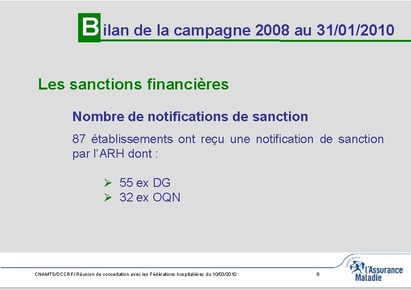 B ilan de la campagne 2008 au 31/01/2010 Les sanctions financières Nombre de notifications