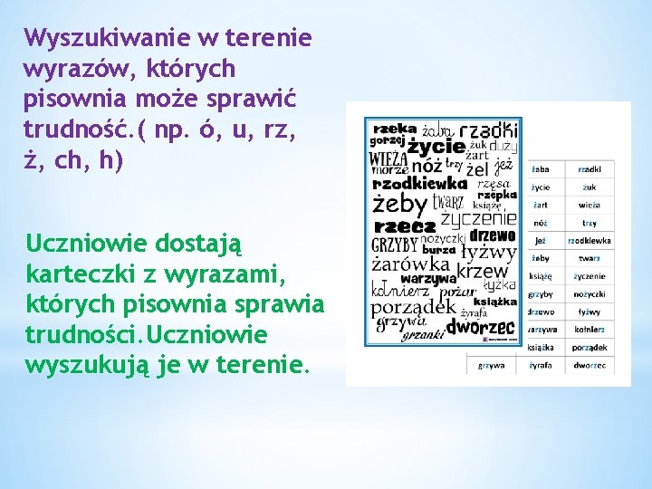 Wyszukiwanie w terenie wyrazów, których pisownia może sprawić trudność. ( np. ó, u, rz,