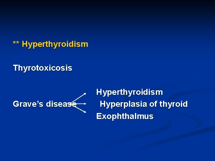 ** Hyperthyroidism Thyrotoxicosis Grave’s disease Hyperthyroidism Hyperplasia of thyroid Exophthalmus 