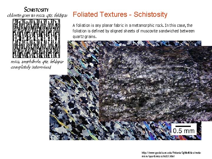 Foliated Textures - Schistosity A foliation is any planar fabric in a metamorphic rock. Foliated Textures - Schistosity A foliation is any planar fabric in a metamorphic rock.