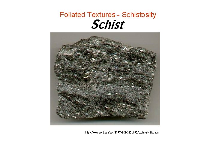 Foliated Textures - Schistosity Schist http: //www. accd. edu/sac/EARTHSCI/1301. 090/Lecture %202. htm Foliated Textures - Schistosity Schist http: //www. accd. edu/sac/EARTHSCI/1301. 090/Lecture %202. htm