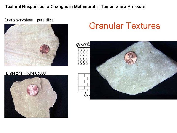 Textural Responses to Changes in Metamorphic Temperature-Pressure Quartz sandstone – pure silica Limestone – Textural Responses to Changes in Metamorphic Temperature-Pressure Quartz sandstone – pure silica Limestone –