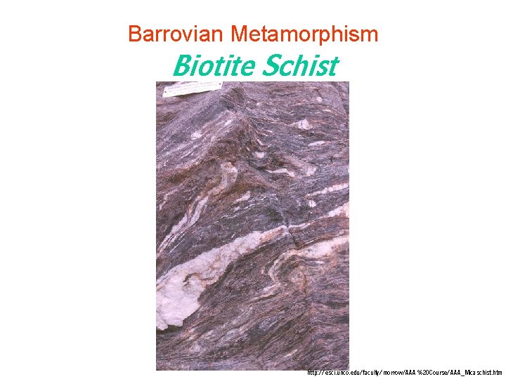 Barrovian Metamorphism Biotite Schist http: //esci. unco. edu/faculty/morrow/AAA%20 Course/AAA_Micaschist. htm Barrovian Metamorphism Biotite Schist http: //esci. unco. edu/faculty/morrow/AAA%20 Course/AAA_Micaschist. htm
