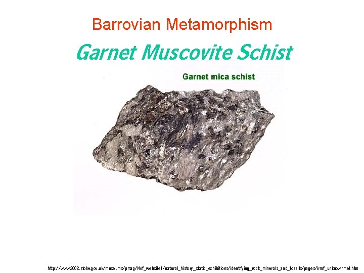 Barrovian Metamorphism Garnet Muscovite Schist http: //www 2002. stoke. gov. uk/museums/pmag/Nof_website 1/natural_history_static_exhibitions/identifying_rock_minerals_and_fossils/pages/irmf_unknownmet. htm Barrovian Metamorphism Garnet Muscovite Schist http: //www 2002. stoke. gov. uk/museums/pmag/Nof_website 1/natural_history_static_exhibitions/identifying_rock_minerals_and_fossils/pages/irmf_unknownmet. htm