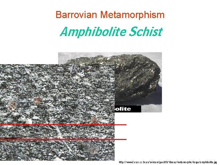 Barrovian Metamorphism Amphibolite Schist http: //www 2. vscc. tn. us/svinson/geo 100/library/metamorphic/large/amphibolite. jpg Barrovian Metamorphism Amphibolite Schist http: //www 2. vscc. tn. us/svinson/geo 100/library/metamorphic/large/amphibolite. jpg